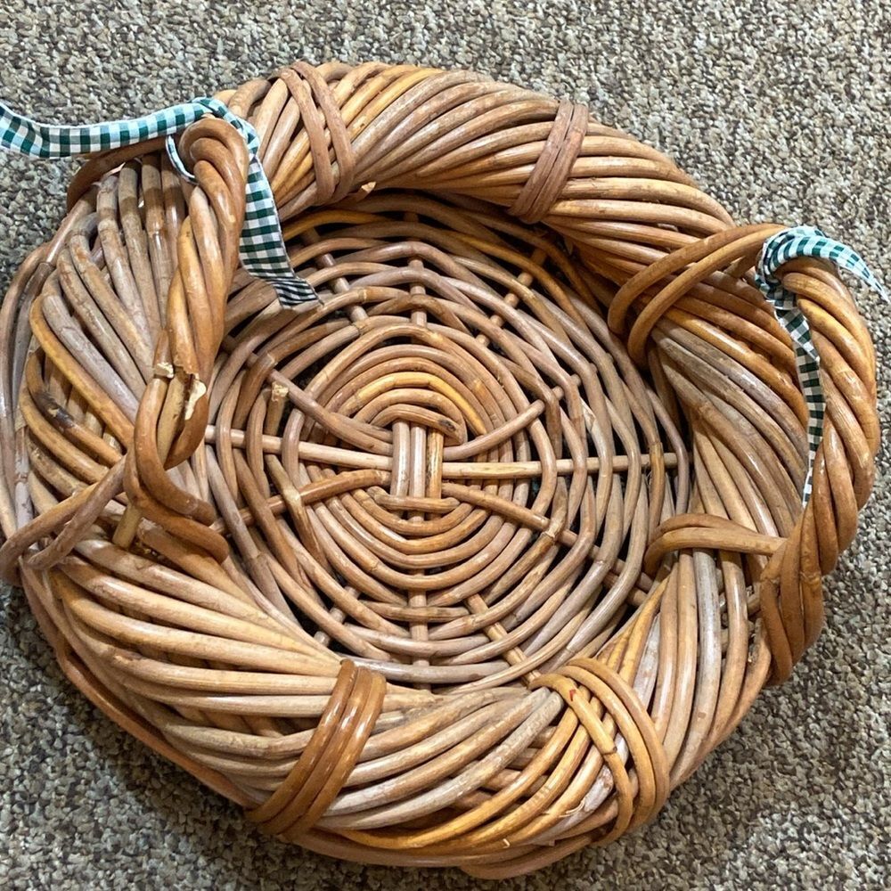 VTG, Mid-Century Japanese Rattan Natural Woven Basket 2 Handles Round Tray MCM - Picture 6 of 10